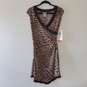 VINTAGE Brown & Tan Print Dress, Faux Wrap